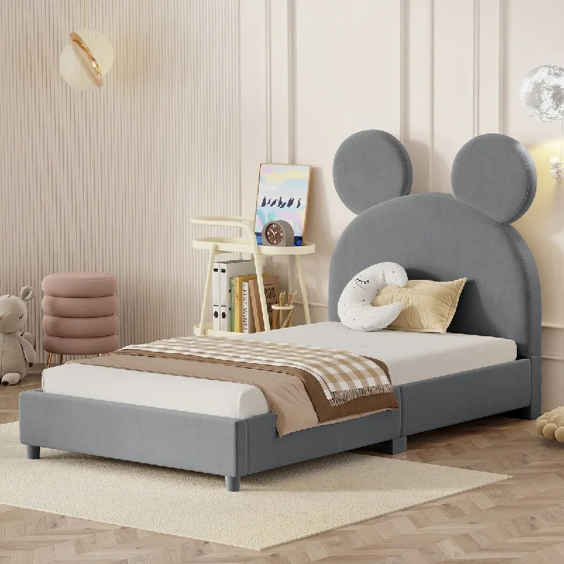 Grey Twin Size Upholstered Platform Bed, with Bear Ear Shaped Headboard