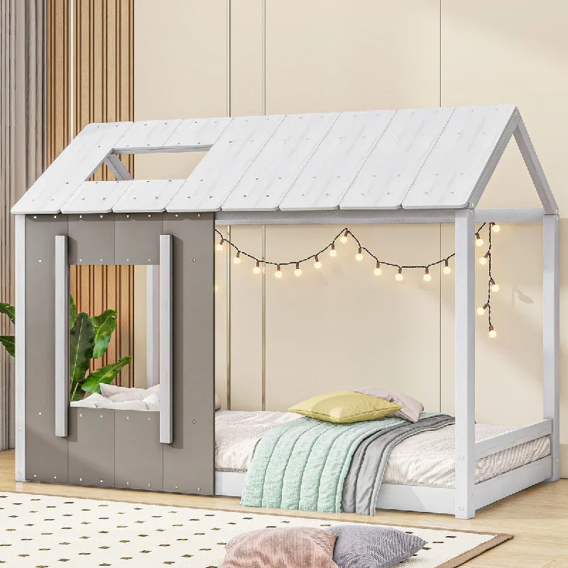 Grey Twin Size Wood House Bed with Roof