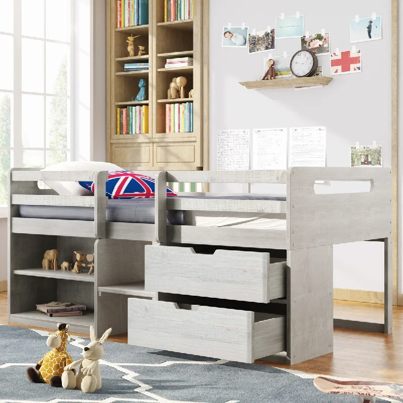 Grey Twin Size Wood Loft Bed with Handy Shelves and Integrated Drawers for Organized Living