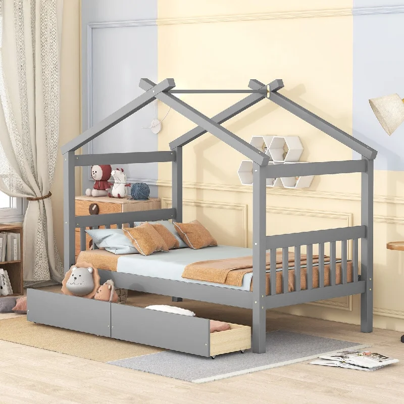 Grey Twin Size Wooden House Bed, Day Bed with 2 Drawers