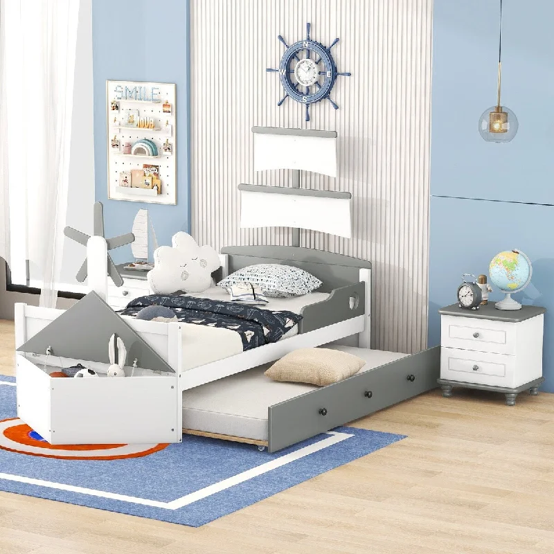 Grey Twin SizeThree-Piece Bedroom Set - Boat-Shaped Platform Bed with Trundle and Nightstands