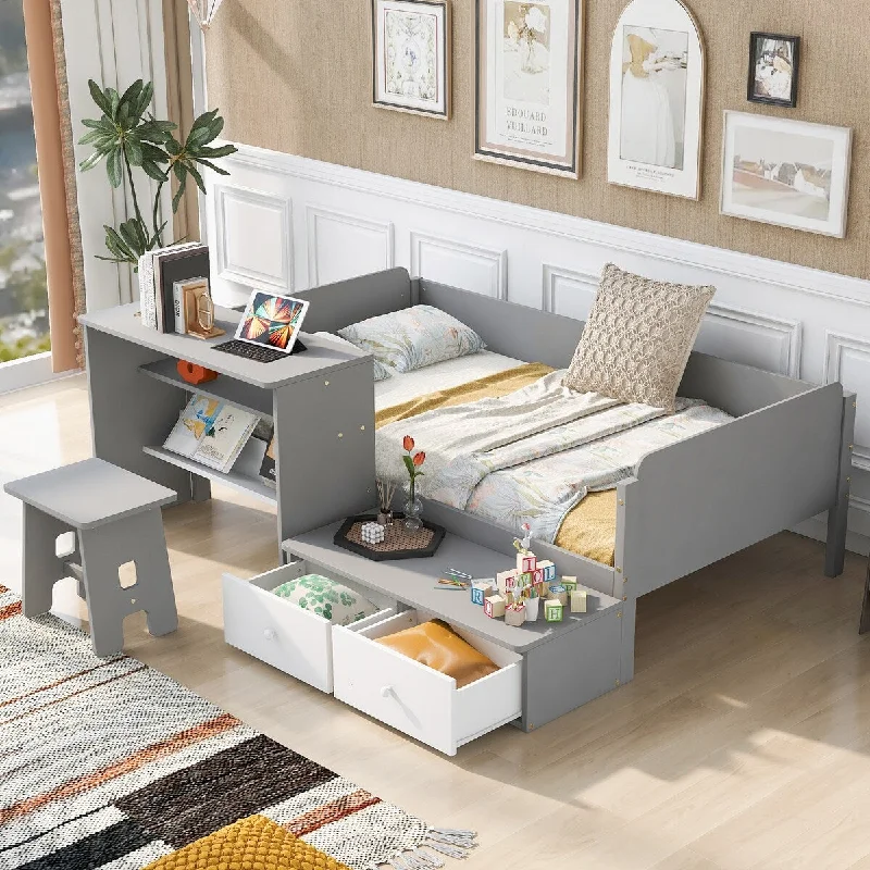 Grey Twin SizeWood Platform Bed with Desk & Chair