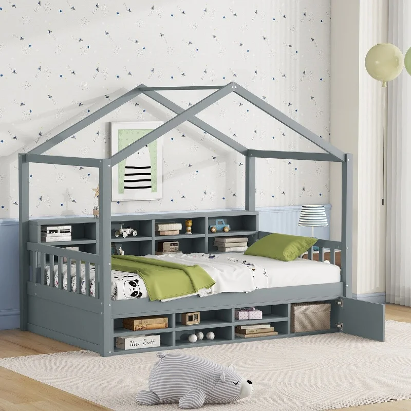 Grey Twin SizeWooden House Bed with Shelves and Cabinet