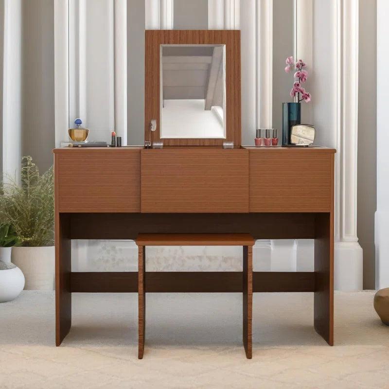 Kaito Walnut Dressing Table with Mirror and Stool Dresser Makeup Desk Bedroom