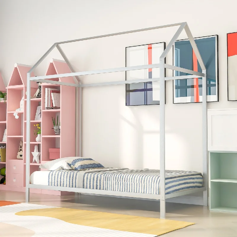 Kids Twin Metal House Bed Frame - Sturdy Platform Bed with Adjustable Height and Creative Playhouse Design