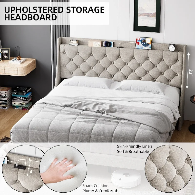 King Size Bed Frame with Upholstered Wingback Headboard