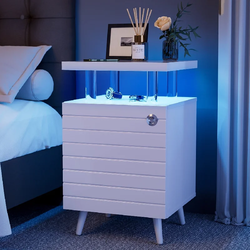 LED Nightstand Bedside Table, Storage Bed Side Table End Tables