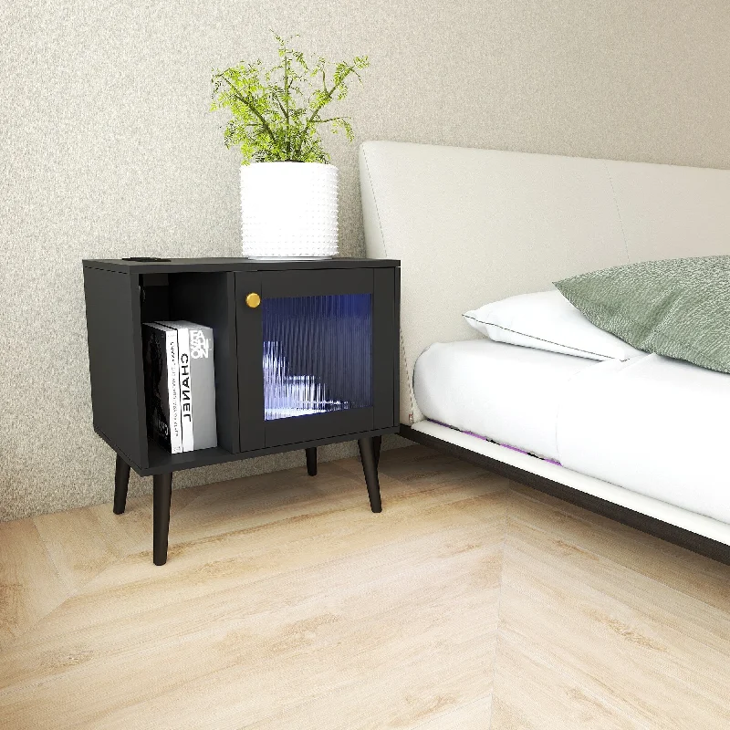 LED Nightstand with Charging Station, Glass Door Bedside Table Bedroom, Black End Table with Drawer, Storage Side Tables