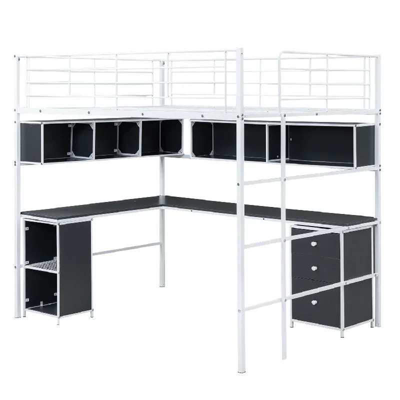 Merax Metal Loft Bed with bookcase, desk and cabinet