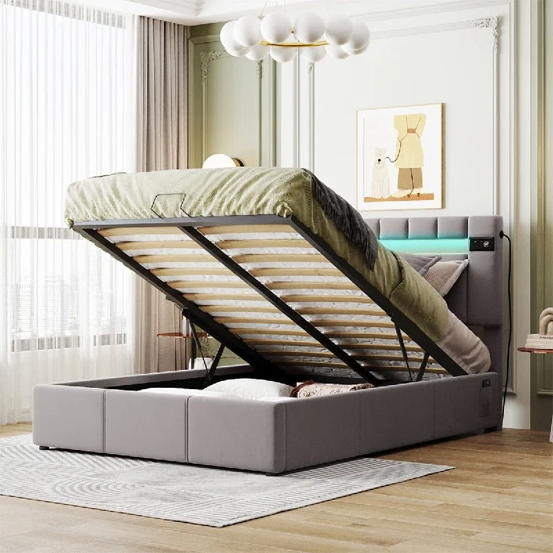 Merax Upholstered Hydraulic Storage Bed with LED light, Bluetooth Player and USB Charging