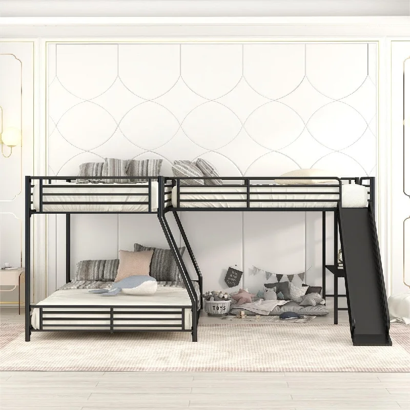 Metal Triple Bunk Bed Frame with Desk, Slide & Loftbed Attached, for 3