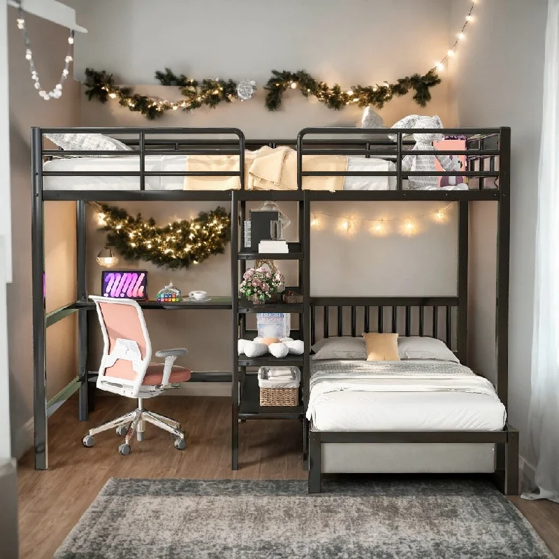 Modern Full Over Twin Bunk Bed With Built-in Desk,Shelves And Ladder,Large Storage Space for Bedroom