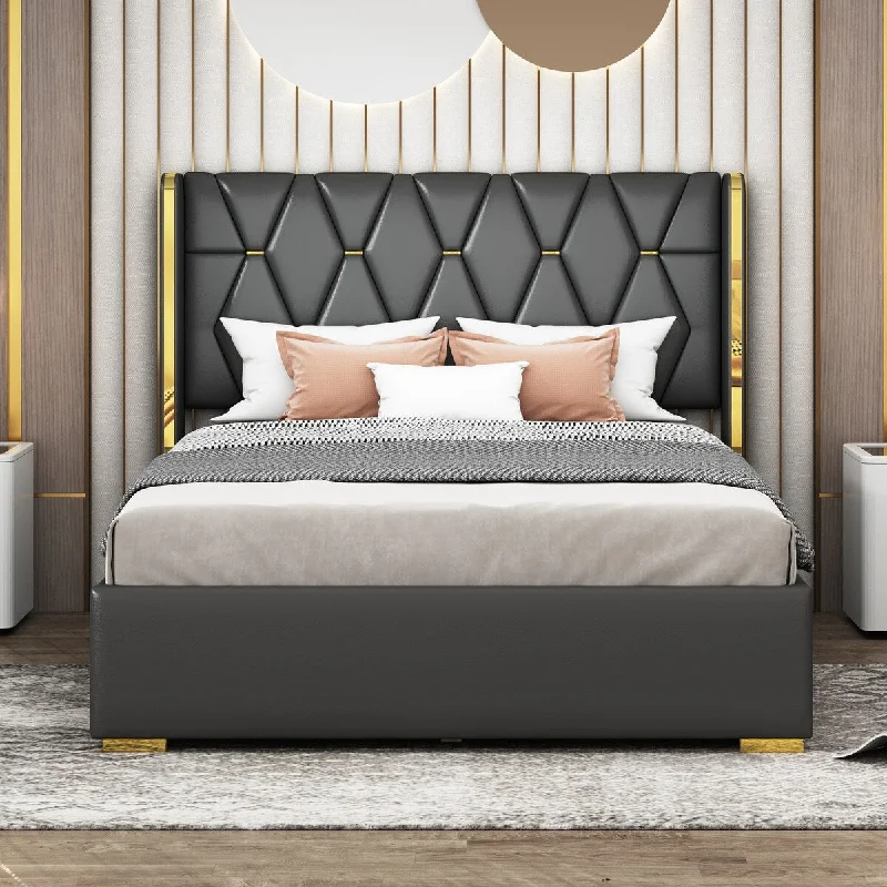 Modern Full Size Upholstered Platform Bed with Metal Strips,Black