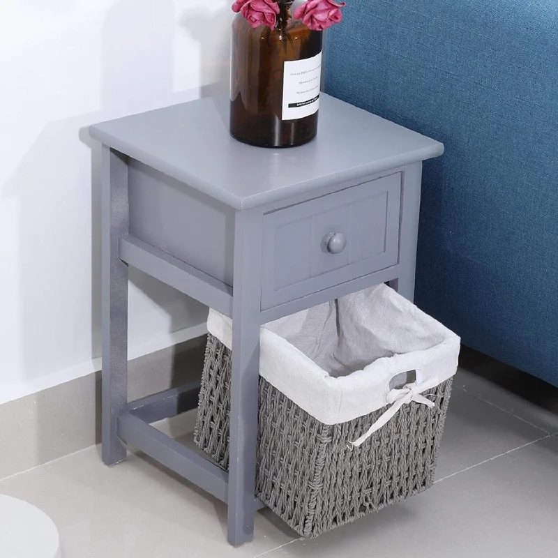 Open Storage Shelf Nightstand, Household Laundry Room Corner Cabine, Grey Wooden Bedside Table with Drawer & Storage Basket