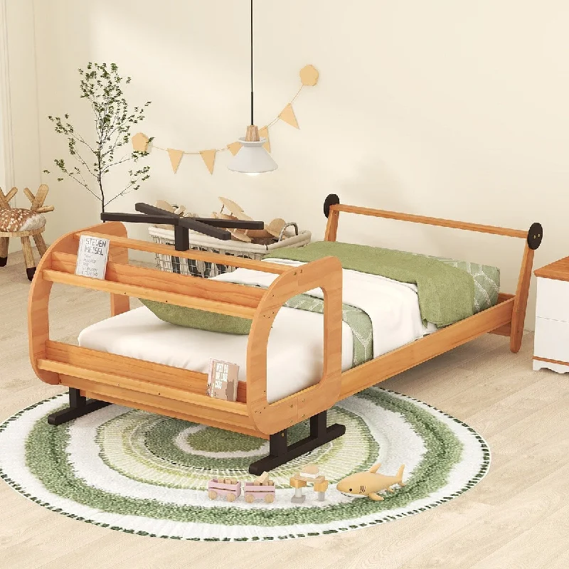 Pine Wood Plane-Shaped Twin Size Platform Bed with Rotatable Propeller and Shelves, Sturdy Construction