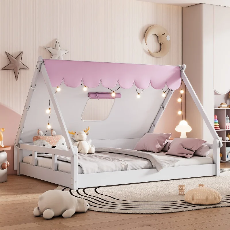 Pink Full Size Solid Wood Tent Bed with Fabric for Kids,Platform Bed with Fence and Roof