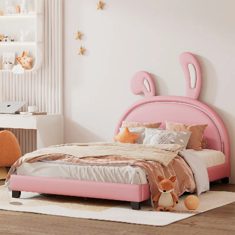 Pink Full Size Upholstered Leather Platform Bed with Rabbit Ornament, Featuring High Load Capacity and Solid Construction