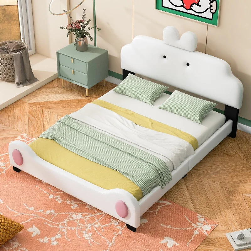 Pink Full Size Upholstered Platform Bed with Adorable Cartoon Design