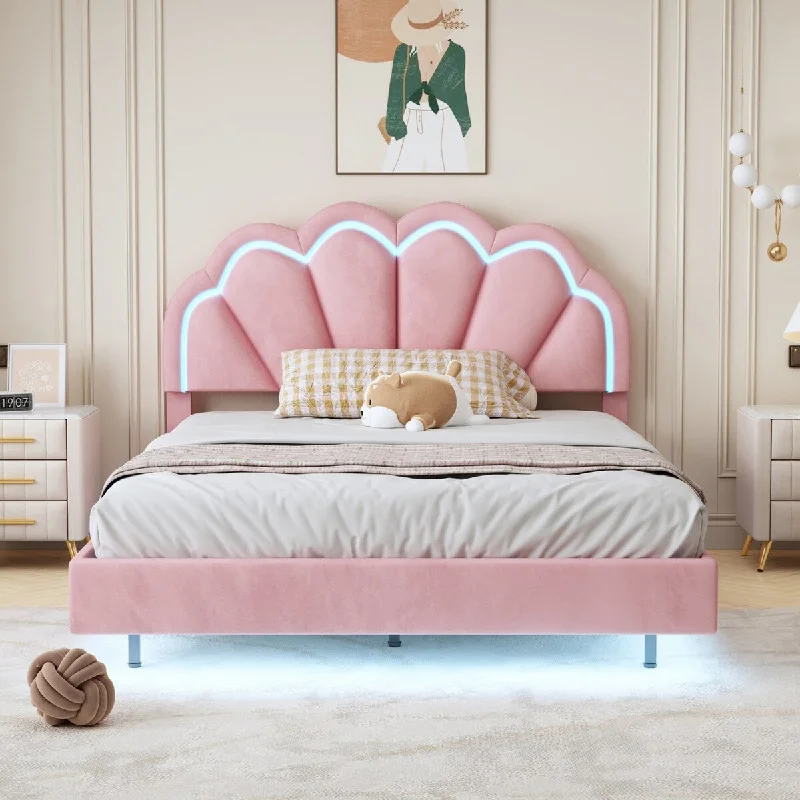 Pink Full Size Upholstered Platform Bed, with Smart LED and Elegant Flowers Headboard