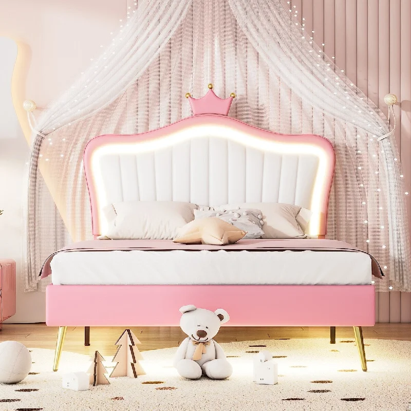 Pink Full SizeLED Upholstered Platform Bed