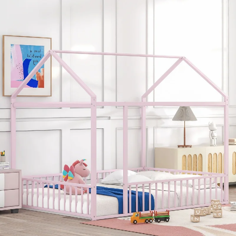 Pink Full SizeSturdy Metal House Bed Frame for Lasting Support