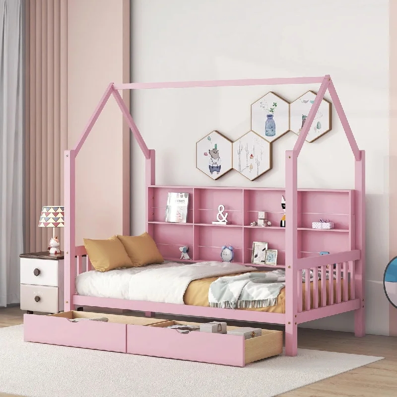 Pink Wooden Twin Size House Bed with Two Drawers and Storage Shelf