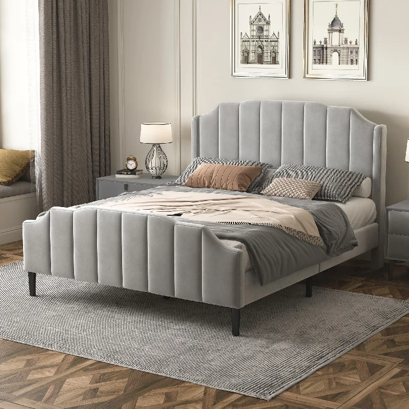 Queen Size Grey Tufted Velvet Upholstered Platform Bed