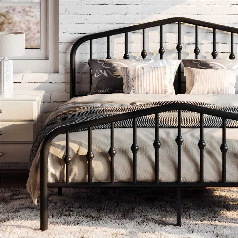 Queen Size Metal Platform Bed Frame with Victorian Style Wrought Iron-Art Headboard/Footboard, No Box Spring Required, Black