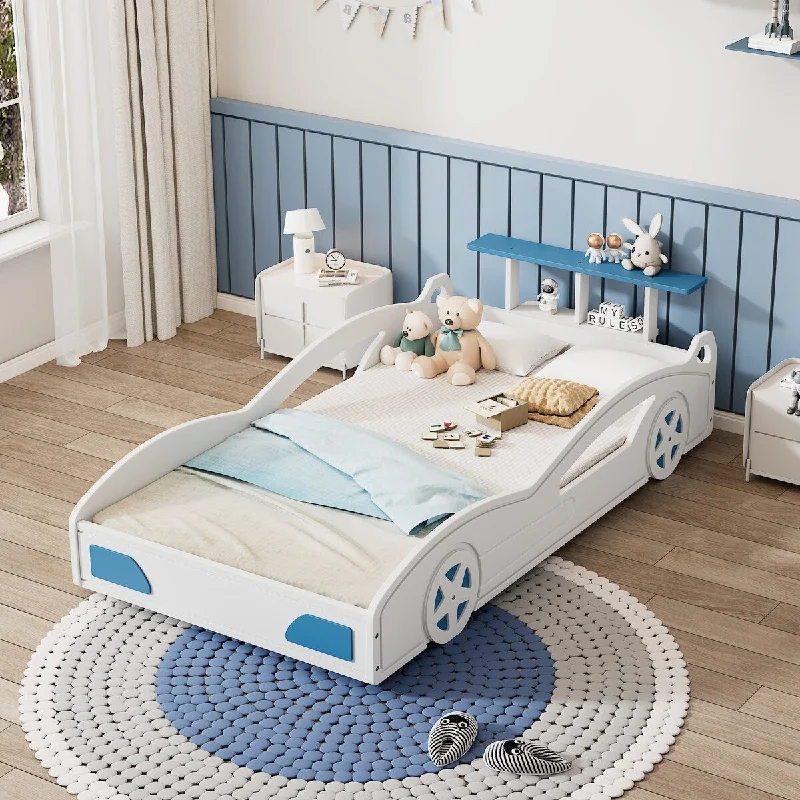 Race Car Design Twin Size Platform Bed, with Wheel Decoration, Suitable for Young Children and Kids, White