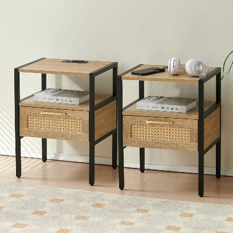 Rattan End Table Set of 2, Bedroom Nightstand with Power Outlet & USB Ports, Side Table for Living Room Bedroom, Natural