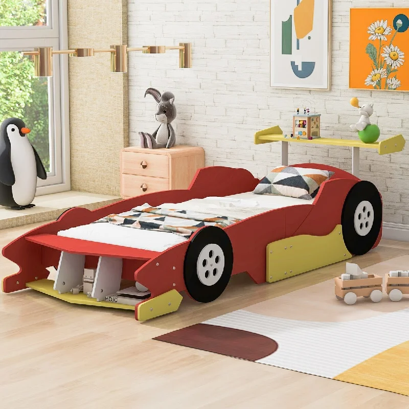 Red Twin Size Solid Wood Car-Shaped Platform Bed, Complete with Wheels and Handy Storage Rack