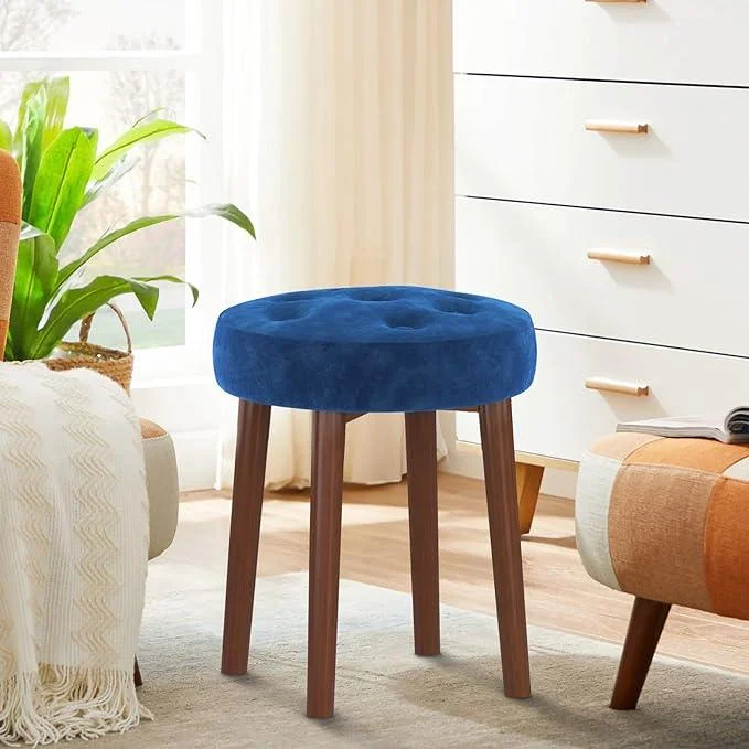 Round Makeup Vanity Stool Side Table, Vanity Chair Ottoman Rest Footstool Footrest Stool with Sturdy Wooden Legs for Makeup Room, Living Room, Bedroom-Blue