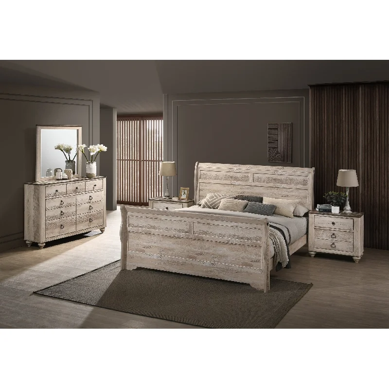 Roundhill Furniture Imerland Contemporary White Wash Finish Bedroom Set with Sleigh Bed, Dresser, Mirror, Two Nightstands