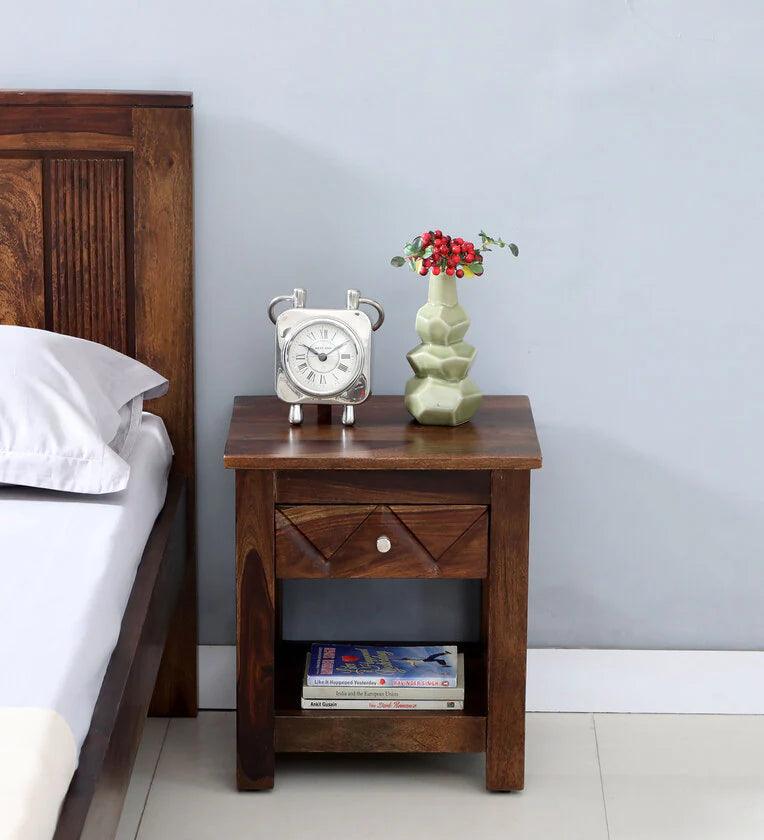 Sheesham Wood Bedside Table in Scratch Resistant Provincial Teak Finish With Drawer