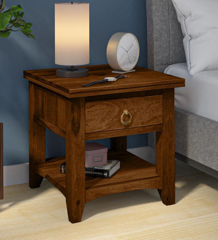 Sheesham Wood Bedside Table in Scratch Resistant Provincial Teak Finish With Drawer