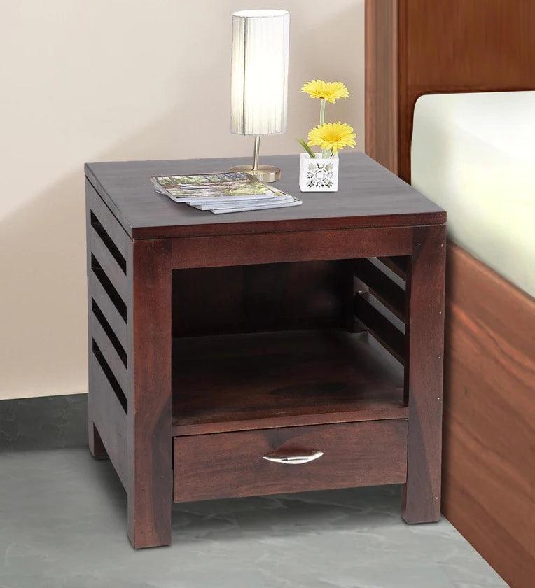 Sheesham Wood Bedside Table in Walnut Finish with Drawer