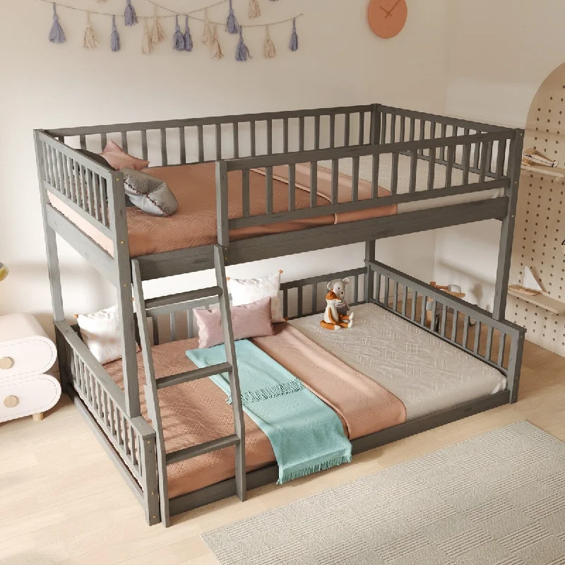 Solid Pine Wood Full XL Over Queen Bunk Bed with Ladder and Guardrails, Can be Divided Into 2 Separate Beds