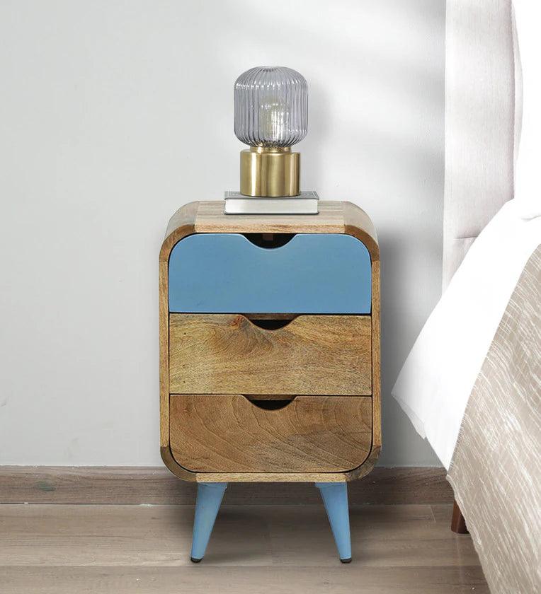 Solid Wood Bedside Table In Blue Colour With Drawers