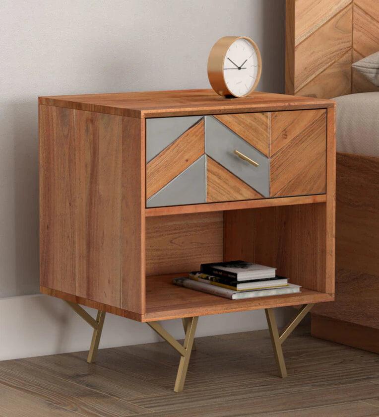 Solid Wood Bedside Table in Natural Finish with Drawer