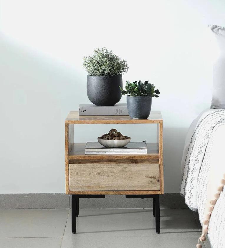 Solid Wood Bedside Table In Scratch Resistant Natural Finish With Drawer