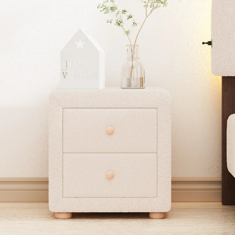 Teddy Fleece Accents Nightstand with 2 Drawers, Beige Bedside Table, Entryway Storage Cabinet, Children Room Toy Storage Cabinet