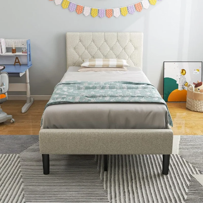 Twin Bed Frames for Kids Upholstered Platform Bed w/ Tufted Headboard