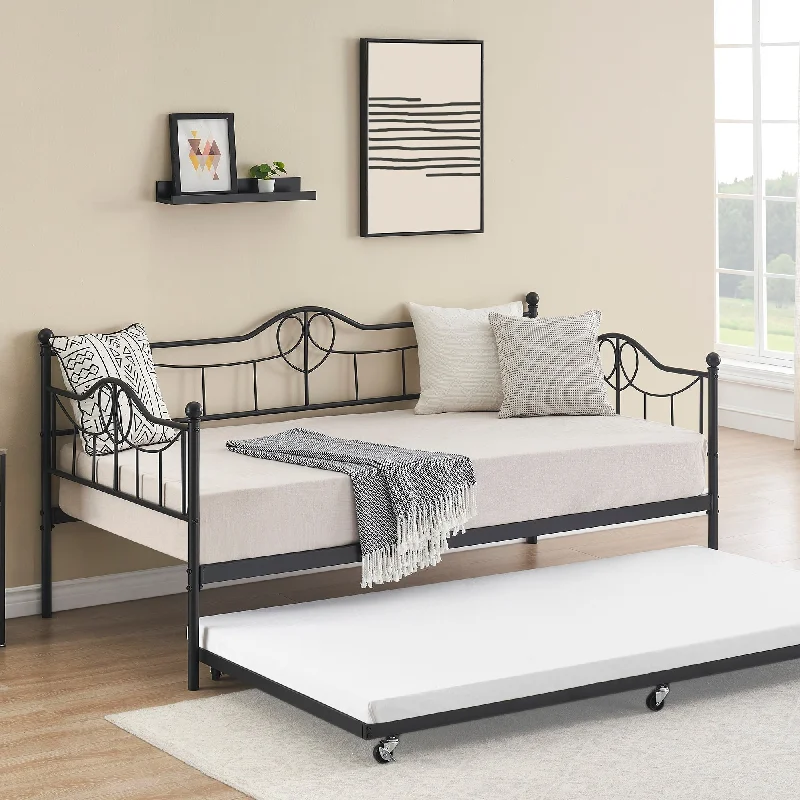 Twin Daybed with Trundle Metal Guest Sofa Bed Frame for Living Room