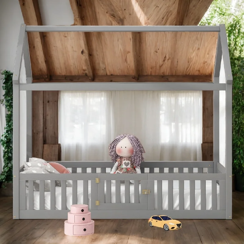 Twin Size House-Shaped Design House Bed with Fence and Door,Solid Construction For Bedroom