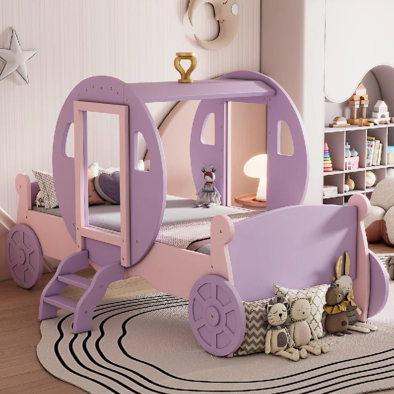 Twin size Princess Carriage Bed with Crown ,Wood Platform Car Bed with Stair