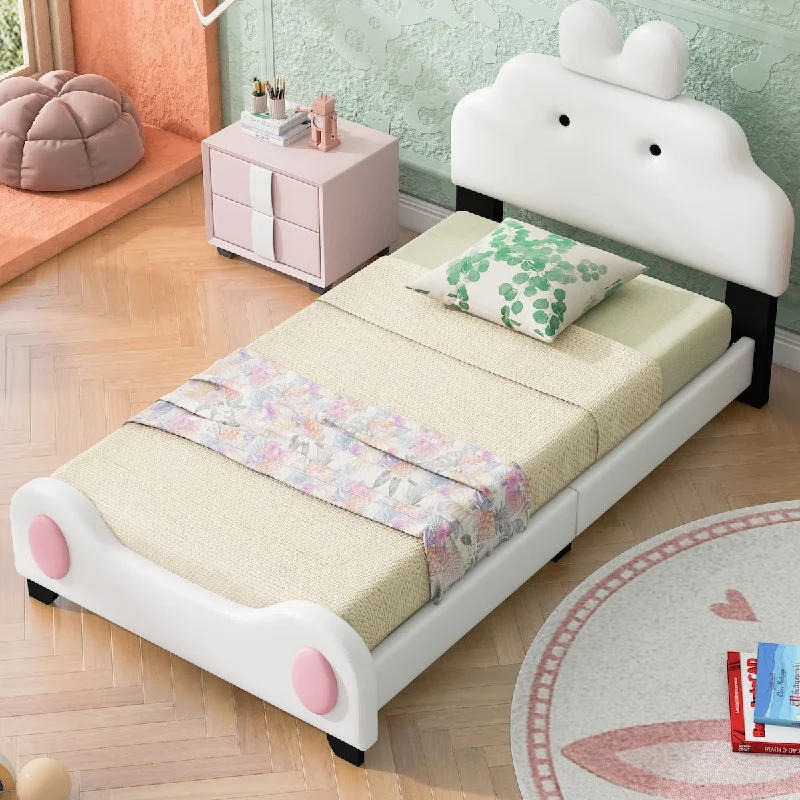 Twin Size Upholstered Platform Bed with Cute Cartoon Design, Low-Profile Silhouette, and White+Pink Color - Sturdy Construction