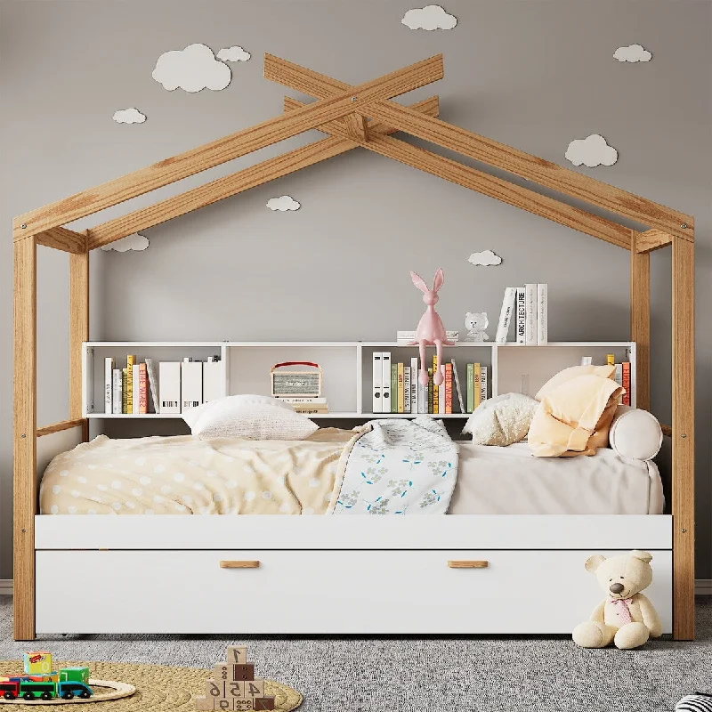 Twin Size Wooden House Bed with Twin Trundle and Bookshelf Storage Space