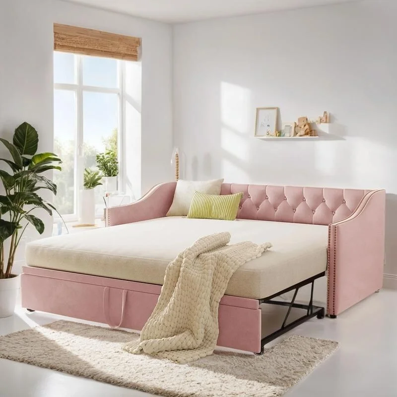 Twin to King Size Upholstered daybed with Pop Up Trundle