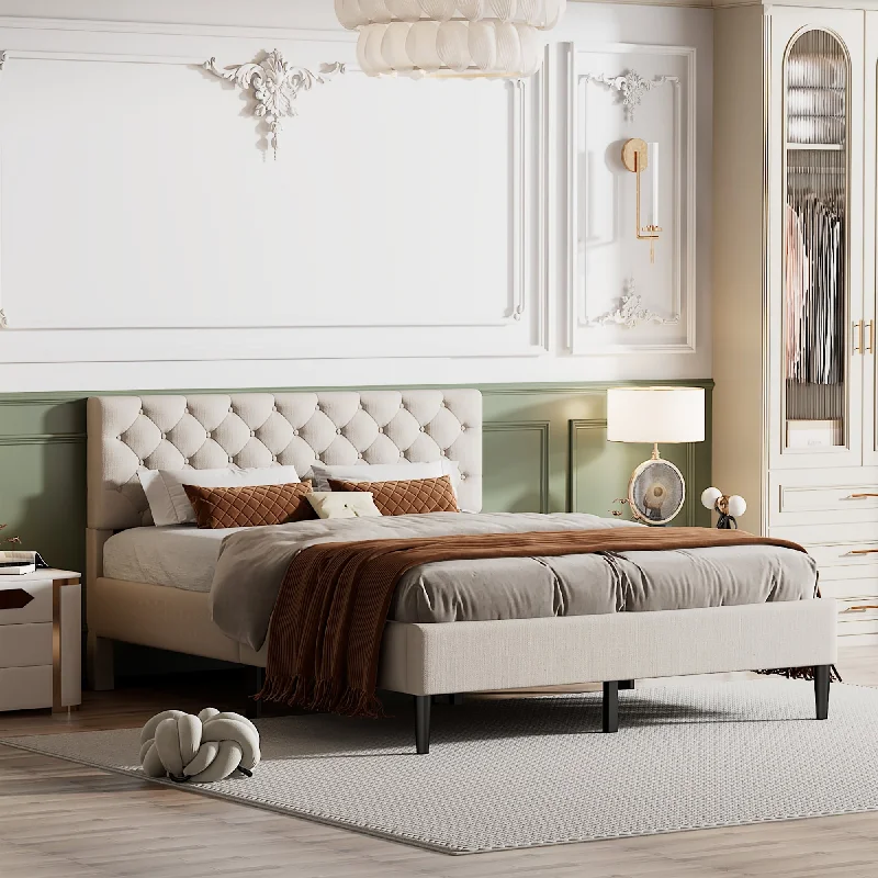 Upholstered Linen Platform Bed, Queen Size