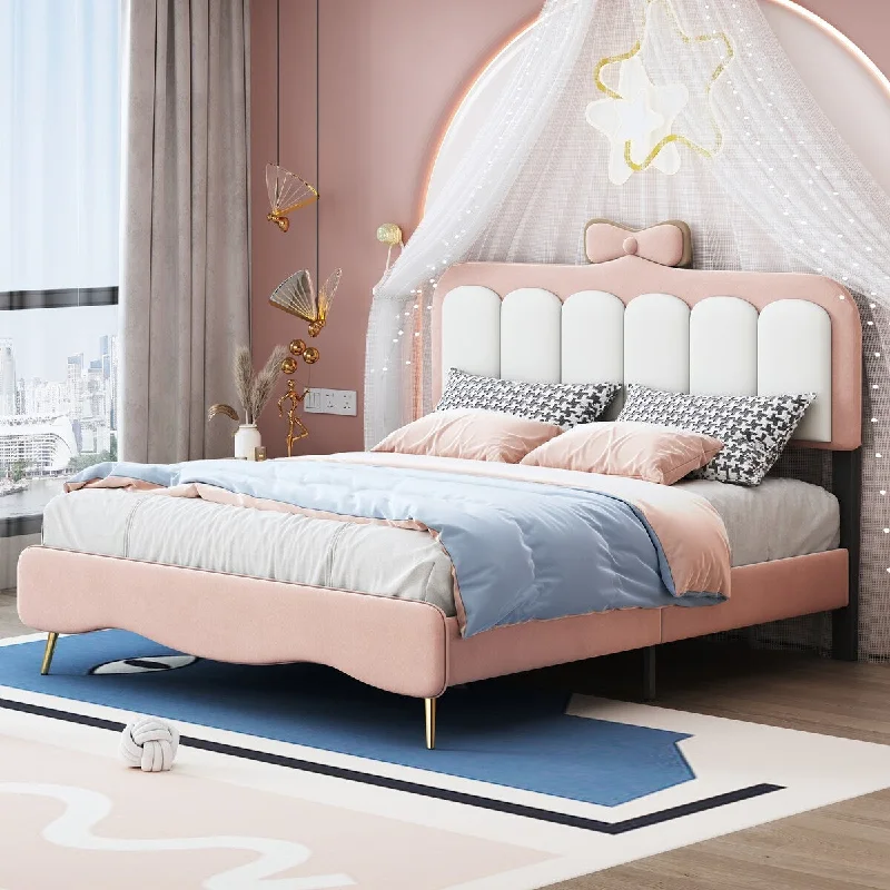 Velvet Princess Bed with Bow-Knot Headboard,Full Size Platform Bed,Pink